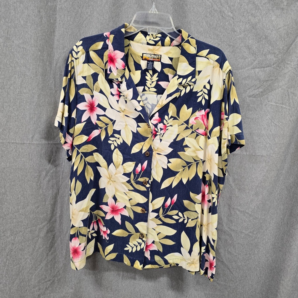 Havana Jacks Cafe Woman 1X Tropical Floral Rayon Button Shirt Navy Pink